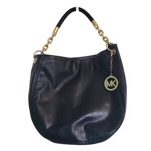 MIchael Kors Black Leather Hobo Zip up Bag w/ Gold Tone Chain Link Handle Purse